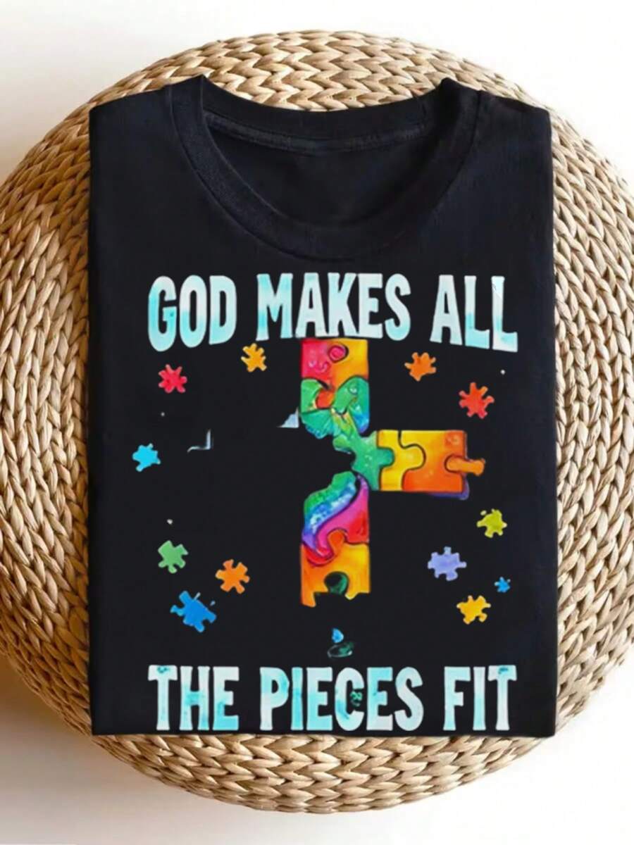 Camiseta de Concientización sobre el Autismo con Cruz Cristiana - Diseño con la frase "Dios hizo todas las piezas para que encajen juntas." Manga corta informal, cuello redondo, 100% algodón - Negro - Ver 1