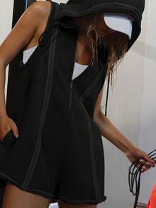 Short Half Zipper Sports Jumpsuit For Fitness Outdoor Leisure Sleeveless Loose Hoodie For Women - 黑色 - 查看 1