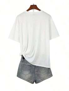 Camiseta de manga corta de cuello redondo para mujer, 100% algodón, suave y transpirable, adecuada para hermanas - Atuendo casual informal, regalo de cumpleaños, blusa de primavera-verano, lavable a máquina, ropa casual cómoda para regalos a hermanas y atuendos diarios. Camiseta sencilla de color sólido para mujer, corte holgado y ajustado, manga corta informal.Suitable for spring, summer and autumn - Blanco - Ver 2