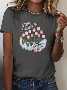 Camiseta ligera de algodón suave para mujer, diseño de mariposas y estrellas de tulipán - ajuste cómodo, mangas cortas, cuello redondo, patrón geométr - Blanco - Ver 7