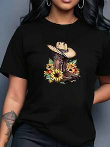 ropa de mujer  Conjunto de blusas para mujer, 1 pieza. Blusas hermosas para mujer, conjuntos de ropa para mujer, camiseta de 180 g, estampado en blanco y , botas de vaquero y girasoles. Impresión de alta calidad, cuello redondo básico, corte holgado para hombres y mujeres. Transpirable, versátil, lavable a máquina, cómodo. Talla S ~ 3XL. Ideal para uso diario, casual, deportivo, esencial para el verano. camisas de mujer - Negro - Ver 3