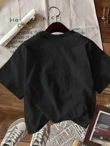 Camiseta Casual de Moda para Mujer, Primavera/Verano, con Estampado de Letras y Lazos Estilo Cartoon, Cuello Redondo, Manga Corta - Negro - Ver 3