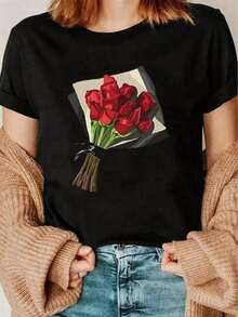 Sudadera de San Valentín de manga larga para primavera, top de San Valentín con estampado de corazones y cuello redondo, camiseta estampada de cuello redondo, camiseta de mujer con estampado, camiseta casual de manga corta para primavera y verano, moda femenina - Camiseta de verano para mujer, adecuada como regalo. playera de mujer. blusas>elegantes. boho chic,Top de mujer suave, transpirable y cómodo, ideal para primavera, verano y otoño, perfecto para vacaciones, viajes y uso diario. - Negro - Ver 1