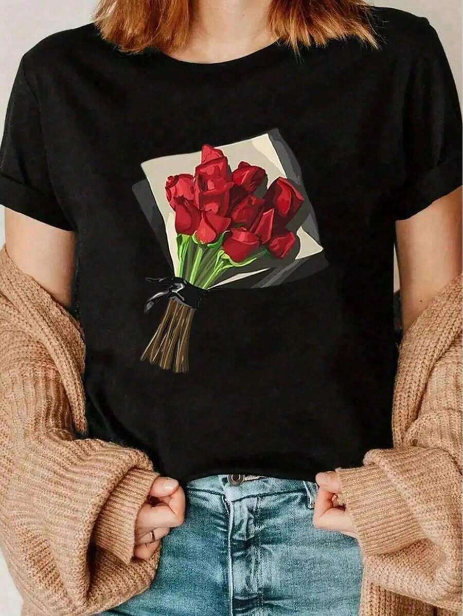 Sudadera de San Valentín de manga larga para primavera, top de San Valentín con estampado de corazones y cuello redondo, camiseta estampada de cuello redondo, camiseta de mujer con estampado, camiseta casual de manga corta para primavera y verano, moda femenina - Camiseta de verano para mujer, adecuada como regalo. playera de mujer. blusas>elegantes. boho chic,Top de mujer suave, transpirable y cómodo, ideal para primavera, verano y otoño, perfecto para vacaciones, viajes y uso diario. - Negro - Ver 1