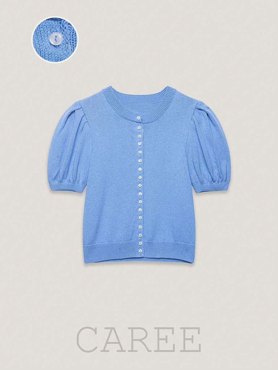 Áo khoác cardigan dệt kim tay phồng mùa xuân hè dành cho nữ của CAREE, áo len ngắn tay cài cúc phía trước, dáng ôm nhẹ, chất liệu mềm mại. - Màu xanh lam - Xem 1