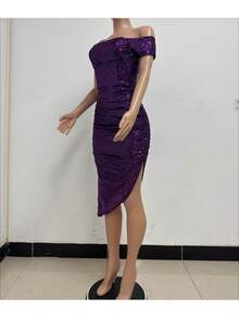 Women's Champagne-Colored Sequined Dress, Off-Shoulder Draped Design, Asymmetrical Side Slit, Stretchy Shiny Fabric Ideal For Summer Parties, Weddings As A Guest And Elegant Outdoor Dinners, Sexy Glamorous Style Perfect For Celebrations And Formal Events - 紫色 - 查看 2