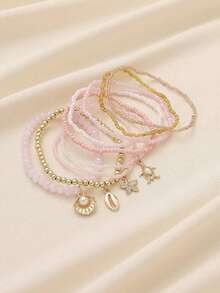 9pcs/Set Summer New Casual Vacation Style Turtle, Starfish, Faux Pearl Shell Pendant Beaded Elastic Bracelet Set, Suitable For Beach, Travel, Party, Date, Outing, Daily Wear - Pink 2 - View 2