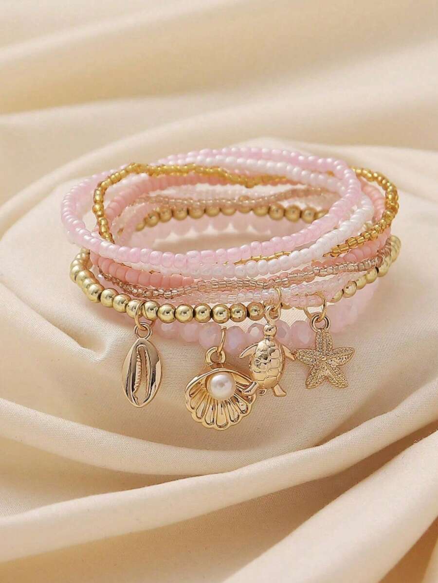 9pcs/Set Summer New Casual Vacation Style Turtle, Starfish, Faux Pearl Shell Pendant Beaded Elastic Bracelet Set, Suitable For Beach, Travel, Party, Date, Outing, Daily Wear - Pink 2 - View 1