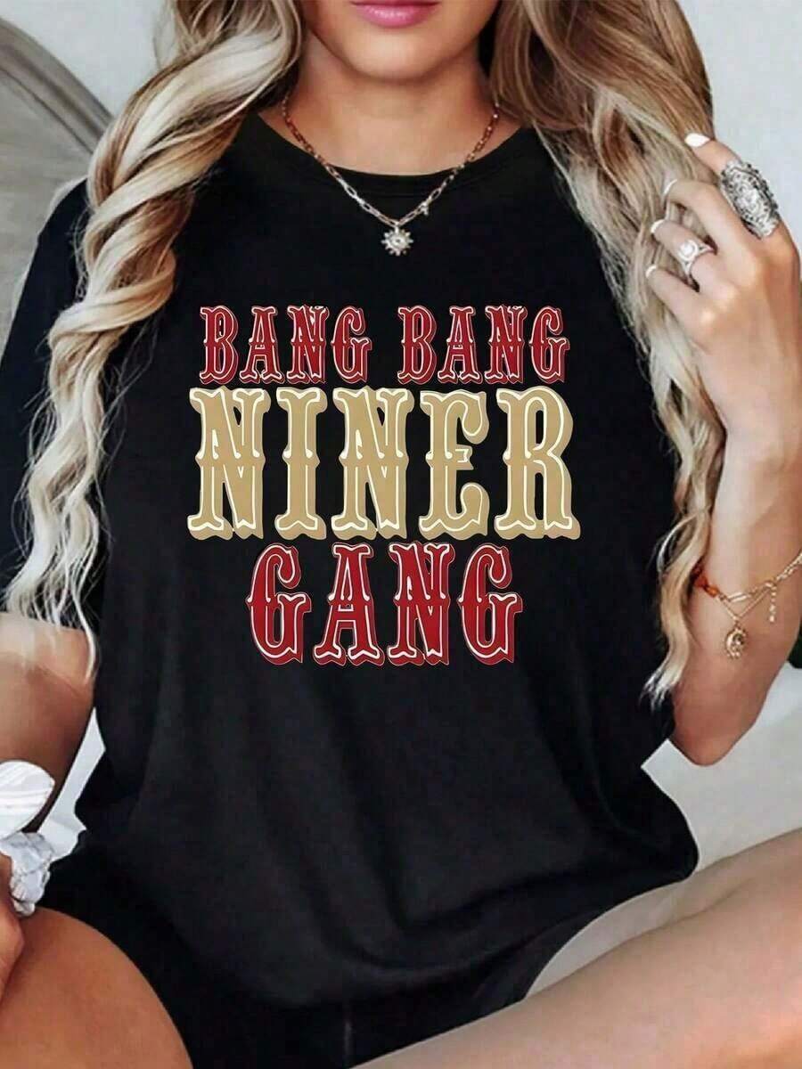 1 Piece Women's Casual T-Shirt Bang Bang Niner Gang 100% Cotton, Vintage Style With Digital Print, Short Sleeve, Loose Fit, Summer Top 180g 100% Cotton, All Patterns Are Printed. Unisex. 180g 100% Cotton - 黑色 - 查看 1