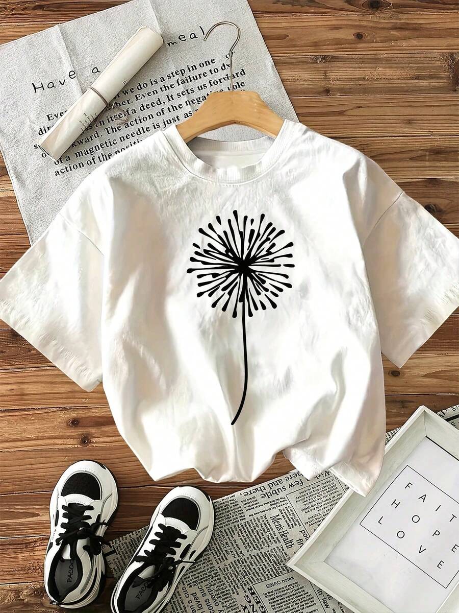 Camiseta Casual Esencial con Estampado de Diente de León, Manga Corta, Cuello Redondo, Algodón Suave para Uso Diario - Blanco - Ver 1