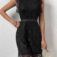 Lunessa Guipure Lace Overlay Mock Neck Scallop Trim Dress - Verde militar - Ver 6