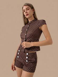 HZXVIC Damen neuer süßer Polka Dot Kurzarm Knopfoberteil + Polka Dot Shorts mit hoher Taille Set, elegant für den Sommer - Braun - Übersicht 4