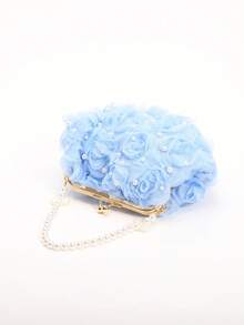 Serie Vacaciones de Verano: Bolso de Mano y Cartera de Malla con Rosas 3D en Azul Claro. Un bolso de noche de fibra de poliéster para mujer, decorado con perlas y cierre presió- Un bolso - Azul - Ver 7