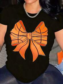 Women's Casual T-Shirt, Orange Bow Print, Summer Casual Top, Fashionable Piece For Daily Wear And Festive Occasions, Graphic T-Shirt, Graphic T-Shirts For Women, Summer Top, Casual T-Shirt, Holiday Clothes For Women, Young And Modern Design. - 黑色 - 查看 7