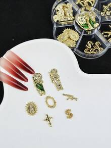 7格35件套美甲飾品盒，包含美金符號、十字、數字圖案等多款設計及免鑽孔美甲裝飾，滿足日常美甲風格需求，簡約奢華歐美風，3D簡約多用途DIY美甲飾品，時尚百搭Y2K美甲配件，適用多種場合，美甲飾品 - 彩色 - 查看 5
