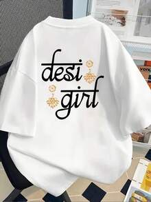 New Short-Sleeved T-Shirt, 180g Weight, % Cotton, With Front And Back Print - Desi Girl, Girl - Fashionable Printed T-Shirt For Women, Short-Sleeved, Suitable For All Seasons, Modern Clothing - Can Be Worn As A Base Layer In Spring And Autumn Or Alone In Summer, Unisex. - 白色 - 查看 2