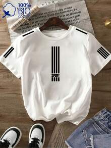 Women's T-Shirt, Casual Style With Striped Print, Wide Round Neck, Short Sleeve, Ideal For All Seasons, Loose Fit Sports T-Shirt, Essential Outdoor Garment - 白色 - 查看 1