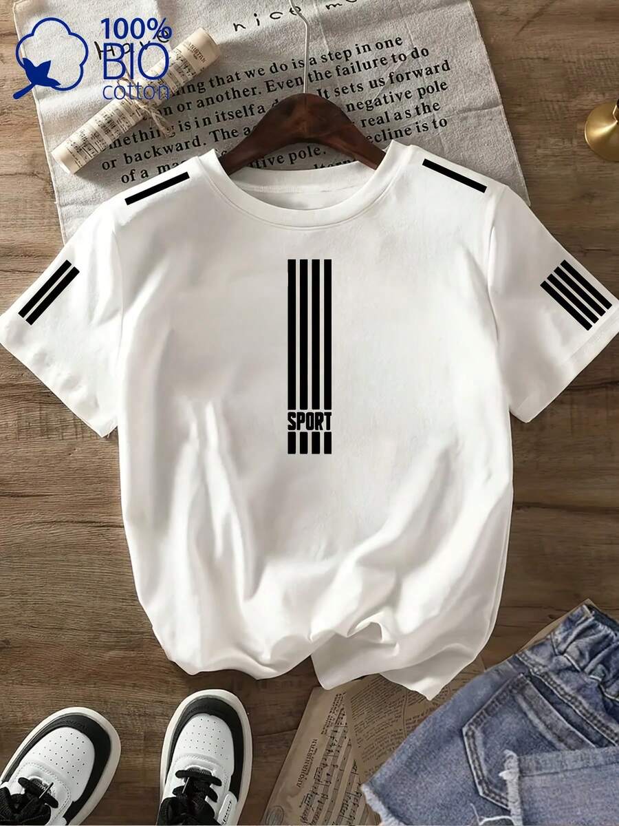 Women's T-Shirt, Casual Style With Striped Print, Wide Round Neck, Short Sleeve, Ideal For All Seasons, Loose Fit Sports T-Shirt, Essential Outdoor Garment - 白色 - 查看 1