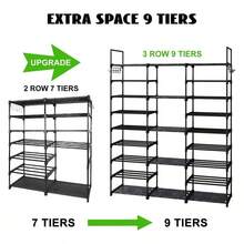 Tomnk 9 Tiers Shoe Rack Organizer, Black High-Quality Shoe Storage Rack, 50-55 Pairs, Stackable Metal Shelf With Hooks For Entryway, Shoe Racks For Bedroom Closet - 黑色 - 查看 4