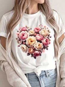 Women's Cotton T-Shirt With A Round Neck, Casual Summer Style, Heart And Flower Print On The Front, Short Sleeves, Comfortable And Breathable Fabric, Casual Sporty Style, Suitable For Spring And Summer. Simple T-Shirt For Everyday Wear. - 白色 - 查看 1