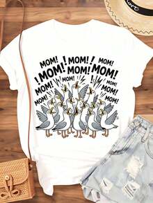 "Mommy Mommy Mommy Duck" Family T-Shirt - Funny Mother's Day Gift For Women, Casual T-Shirt With Cute Animal Print For Summer, 220g - Unisex Urban Vintage Style, 100% Pure Cotton Short Sleeve T-Shirt. - 白色 - 查看 4
