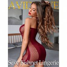 Womens Lingerie Fishnet Dress Mesh Badydoll Fishnet Bodysuit See Through Chemise - Dark Red - 查看 2