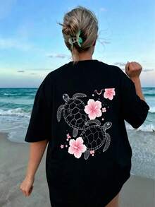 1件女款夏季短袖T恤 度假休閒上衣 島嶼度假風 海龜與扶桑花印花 黑色休閒款 - 黑色 - 查看 2