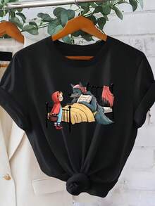Women's T-Shirt With Illustration Print Of Little Red Riding Hood And A Wolf In Disguise, Short Sleeve, Fantastic And Extravagant Style For Spring/Summer 2026, Cool Everyday Outfit, Loose Fit Top, Classic Fairy Tale Theme, Fashionable And Versatile Design, Women's Clothing Sizes S-XXL - 黑色 - 查看 1