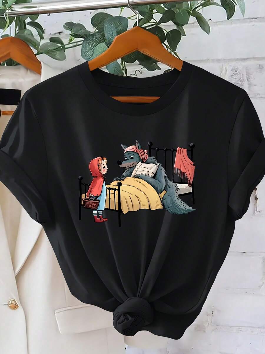 Women's T-Shirt With Illustration Print Of Little Red Riding Hood And A Wolf In Disguise, Short Sleeve, Fantastic And Extravagant Style For Spring/Summer 2026, Cool Everyday Outfit, Loose Fit Top, Classic Fairy Tale Theme, Fashionable And Versatile Design, Women's Clothing Sizes S-XXL - 黑色 - 查看 1