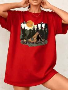 GiftCamia Women's Camping Graphic Print Shirt, Outdoor Adventure, 100% Cotton, Crew Neck, Loose Fit, 1 Piece. Excellent Gifts For Friends And Family, Casual Style For Nature Lovers - Vintage Urban Style, Unisex Short-Sleeved Crew Neck Shirt. Soft - 紅色的 - 查看 1