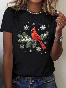 Giftropa Women's 1 Piece Winter Camisole For Women, Soft Fabric With Red Cardinal On A Snowy Pine Branch Design - Soft Short Sleeve Casual Camisole With Cardinal Bird And Snowflake Design, Relaxed Fit For All Seasons Comfort, Winter Theme In Vibrant Red And Gray For Daily And Holiday Outfits, 100% Cotton - 黑色 - 查看 6