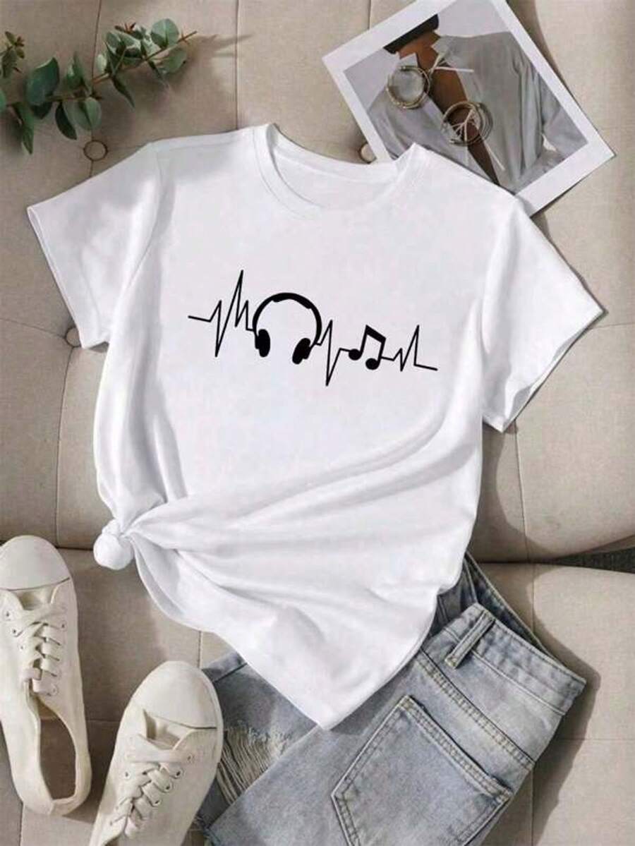 Women's T-Shirt With Headphone Print - 白色 - 查看 1