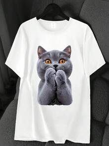 T-Shirt With A Cute Gray Cat Print. Available In 6 Colors, Short Sleeves, Round Neck, High-Stretch Casual Sports Top. Machine Washable. Suitable For Spring And Summer. Can Be Worn In All Seasons. Women's Clothing. Elegant Party Outfit, T-Shirt For Stylish Ladies, Blouses Suitable For Curvy Women, Casual Wear, Cool And Breathable Summer Wear, Fun Letter Print. - 白色 - 查看 6