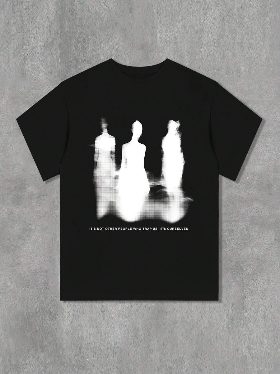 Women's Loose-Fitting Printed T-Shirt With Round Neck - Black - View 1