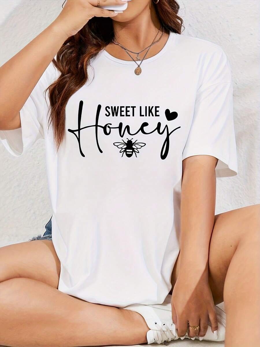Women's Casual Loose Fit T-Shirt With Bee Print - Plus Size - Ideal For Work And Home In Spring And Summer - Women's Casual Sports T-Shirt - Plus Size - Women's Blouses - 白色 - 查看 1