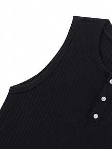 Edición de verano Camiseta de tirantes tipo henley acanalada para hombre, camisa sin mangas de ajuste ceñido y transpirable con botones de media cartera - Negro - Ver 7