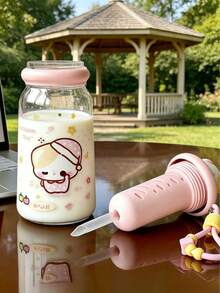 Cute Animal Plastic Water Cup With Tea Strainer & Lanyard, Pink/Blue Cat, Adorable Puppy 4 Styles, Built-In 3D Figurine Lid, Tea Strainer & Beaded Lanyard, Suitable For Students, Commuting, Short Trips, Transparent Cup Body With Adorable Printed Design, Great For Fruit Tea - Multicolor - View 8