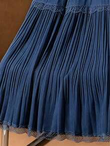 LuminousWealth Women's 2026 Autumn/Winter Elegant Long Skirt - Gentle Style Lace Patchwork Elastic Waist Pleated Hip-Covering Slimming A-Line Cake Skirt, Suitable For Daily, Party, Commute, Outdoor, Women's Halloween Costume, Christmas Outfit - Dark Blue - View 3