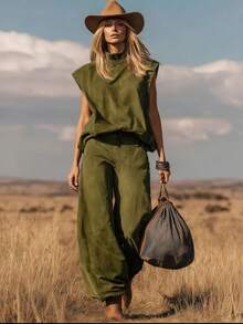 New Women's Fashion Outfit, Western Style, Sleeveless, Suede, Wide-Leg Pants With Tapered Hem, Flattering, Comfortable, Perfect For Autumn Looks, Theme Parties And Stylish Everyday Wear - 軍綠色 - 查看 1