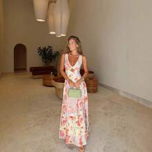 Women's Floral Print Maxi Dress, V-Neck Spaghetti Straps With Lace Trim & Cutout Detail For Beach & Vacation - 花色 - 查看 4