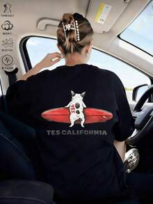 Camiseta negra informal de manga corta con cuello redondo para hombre,Camisetas Para Mujer Camiseta cómoda estilo surf con estampado divertido perro surfista, para amantes de las mascotas y el verano, talla M/L, color negro, moda casual,  2023. - Negro - Ver 6