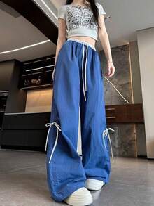 Women's Wide-Leg Trousers With Adjustable Drawstring, Loose Fit And Inspired By Urban Fashion, With Belt Loops And Pockets, Made Of Polyester Fabric With Bow Detail. - Dark Blue - 查看 5