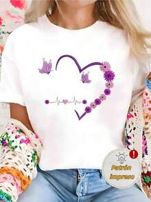 Camiseta de verano 2026 para mujer con estampado de corazones, mariposas y flores en tonos morados: Una prenda de estilo delicado y dulce con un estampado de corazones y mariposas en un degradado morado-rosado. - Blanco - Ver 6