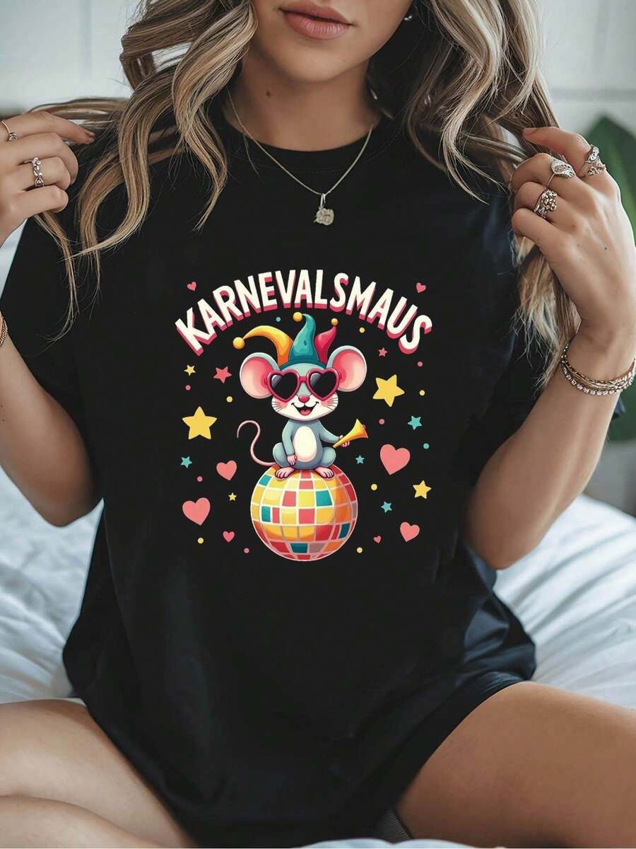 KARNEVALSMAUS Women's Oversized Extra Large T-Shirt With Disco Ball Mouse Graphic Print, Short Sleeve Crew Neck T-Shirt, Casual Spring/Summer Top, Medium Stretch Fabric, Women's Night Out T-Shirt - 黑色 - 查看 1