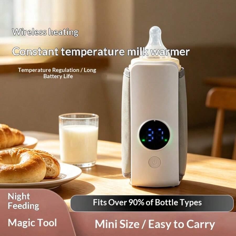 ICEWLESS Wireless Portable Baby Bottle Warmer, 5-Level Temperature Adjustment Display, 2000mAh, Suitable For Bottles With Diameter 7.2cm/2.83in Or Smaller, Suitable For Outdoor/Home Use - LCD Display, Rechargeable Constant Temperature Tool