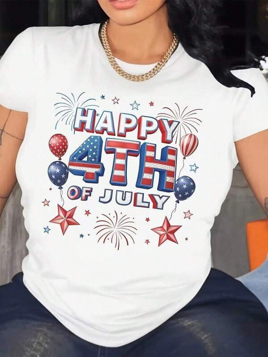 Women'S Casual Happy 4th Of July Fireworks And Flags Print Lightweight T-Shirt, Crew Neck Short Sleeve Tops For Summer, Summer Vacation Clothing, Suitable For Festival & Daily WearPlayeras De Mujer Algodon Blusas Frescas Para El Calor Blusas Dama Playeras De Dama Playeras Mujer Blusa Blanca Playeras Basicas De Mujer Blusas Oversize Para Dama Playeras Oversize De Mujer  Y2k Mujer Verano Camisetas De Mujer Algodón Playeras Para Mujer Blusas Casuales Para Dama Envio Nacional - Blanco - Ver 1
