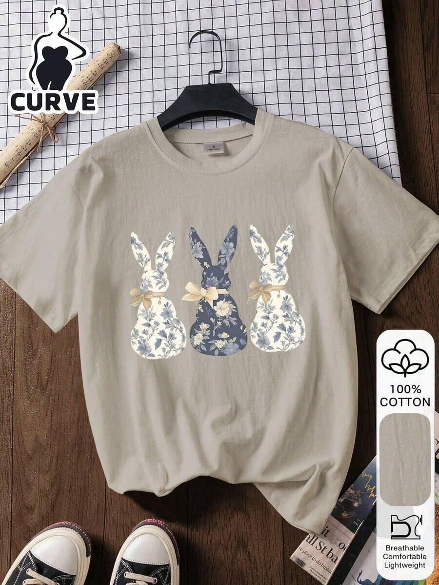 Plus Size Letter Print Casual 100% Cotton Short Sleeve Top, Outdoor Wear, Graphic Tee, Summer T-Shirt, Women's Tee, Summer Blouse, Vacation Outfit, Travel Style, Beach Vibe, Minimalist Resort Wear - 灰色 - 查看 1
