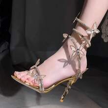 Women's Rhinestone Snake Wrap High Heels Slim Stiletto Open Toe Single Strap Sandals - Gold - View 3