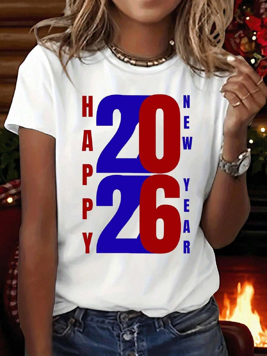 Women's Casual White Sports T-Shirt With HAPPY YEAR 20W6 Design - Elastic Round Neck T-Shirt, Machine Washable, Comfortable Fit And Suitable For All Seasons, For Daily Style And Celebrations. - White - View 1