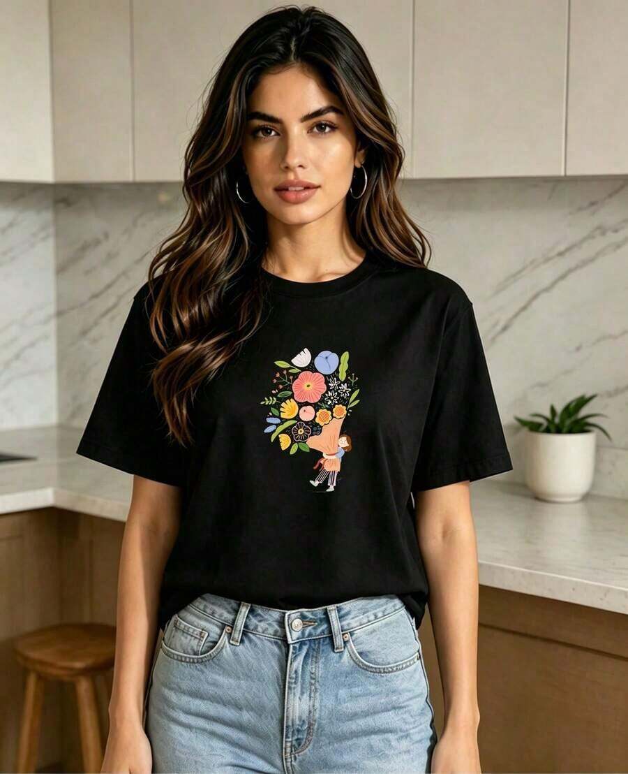 1 Piece Casual Fashion Men's And Women's Crew Neck T-Shirt With Modern Design For Spring And Summer 2026, Stylish Print Ideal For Casual Occasions, Hand-Painted Floral Design In White, White Short Sleeve Loose Fit T-Shirt Made Of Pure Cotton, Versatile And Fashionable Shirt. Versatile, Easy To Match, For Everyday Wear, Urban Style, Vacation Wear, Weekend Wear. - 黑色 - 查看 1